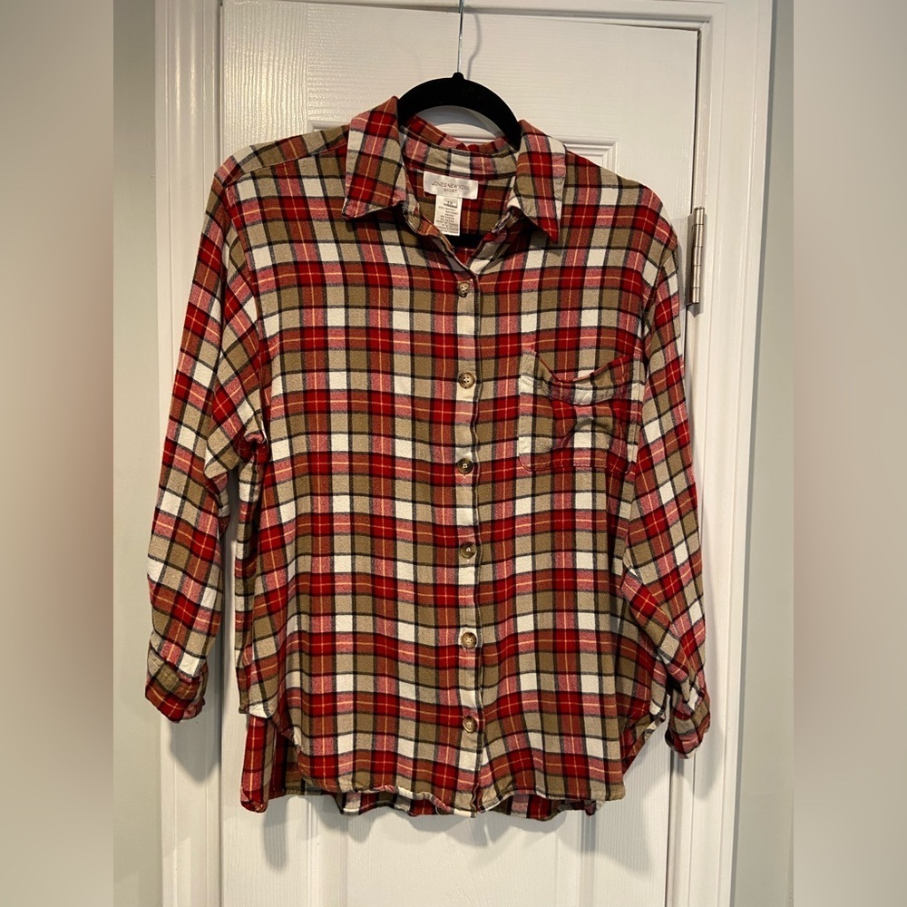 Jones New York Size 1X Red Tan Plaid Long Sleeve Button Down Soft Flannel Shirt